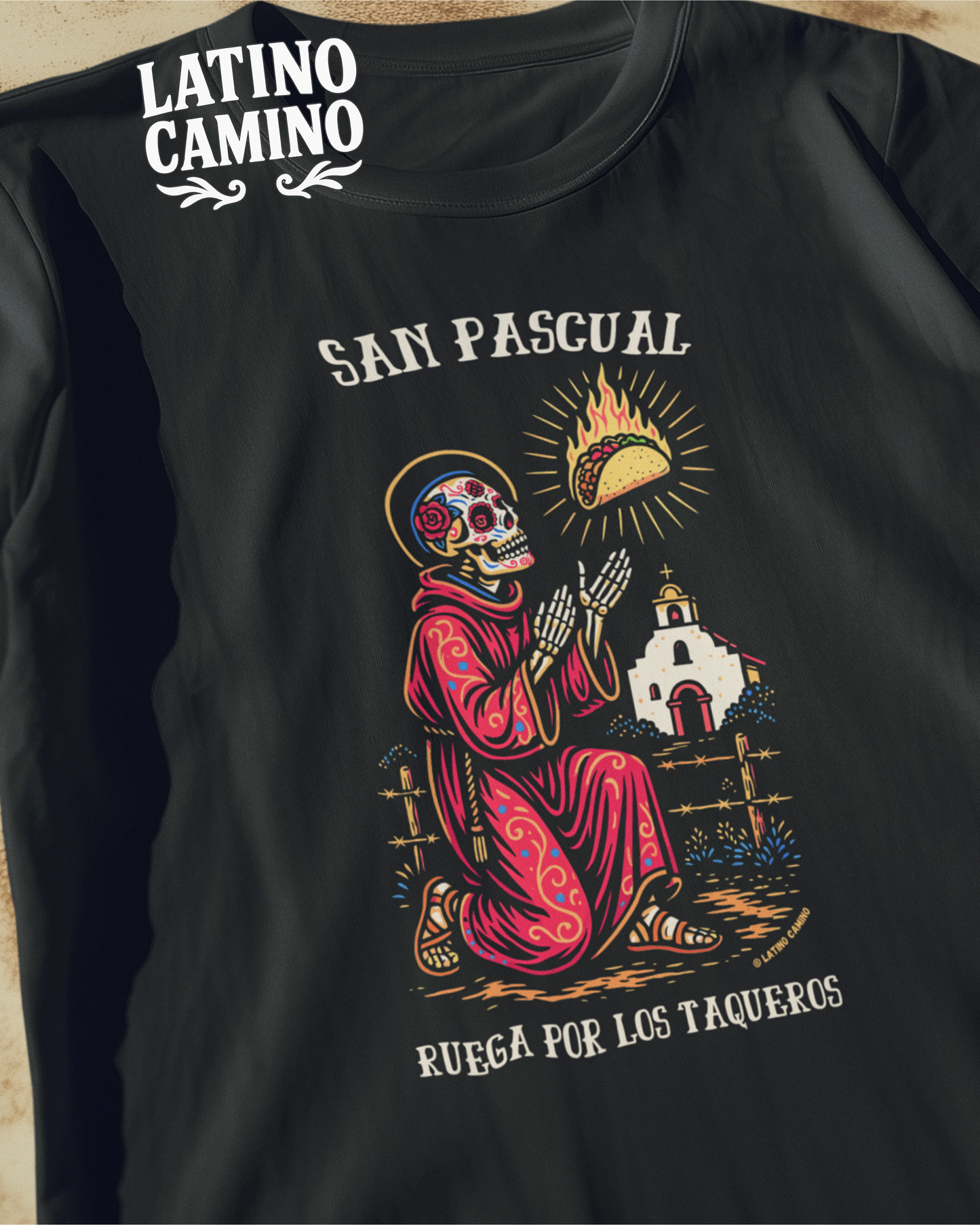 San Pascual Skeleton (Color) - Pray for the Taco Guys Tshirt