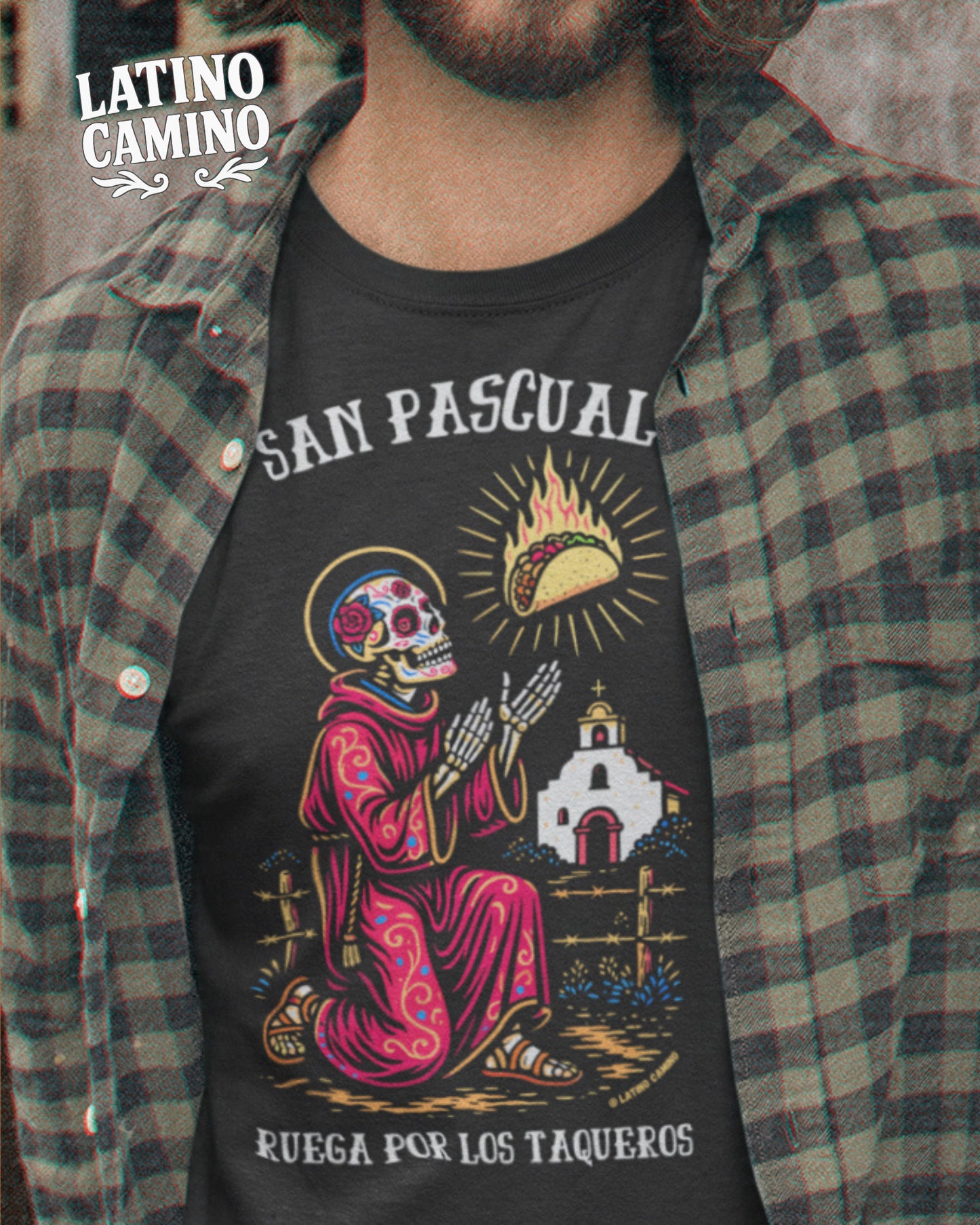 San Pascual Skeleton (Color) - Pray for the Taco Guys Tshirt